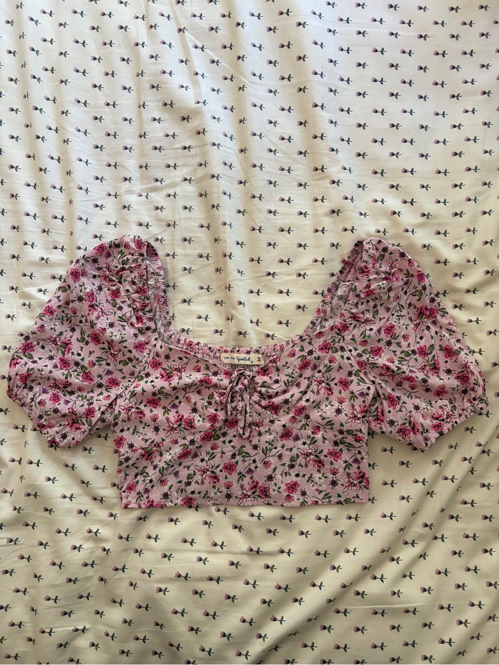 Floral Puff Sleeve Crop Top - Pink